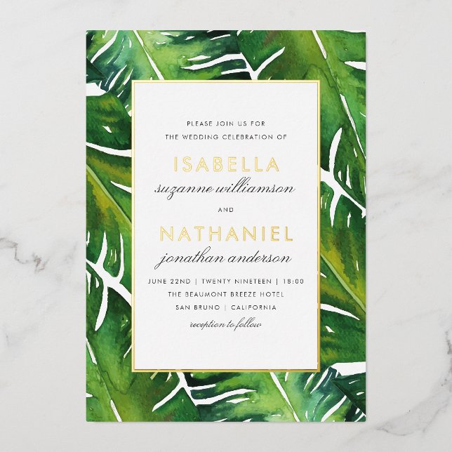 Modern Green Tropical Leaves Wedding Foil Invitation (Front)