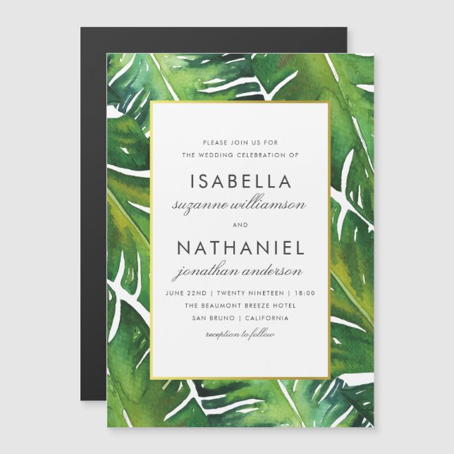 Modern Green Tropical Leaves Wedding Magnetic Invitation (Front/Back)