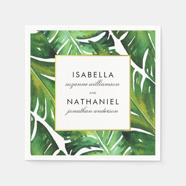 Modern Green Tropical Leaves Wedding Napkins (Front)