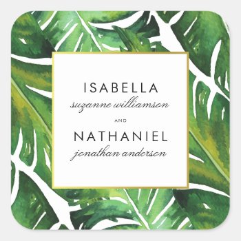 Modern Green Tropical Leaves Wedding Square Sticker by Eugene_Designs at Zazzle