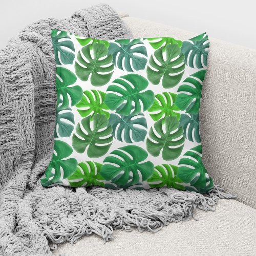Modern Green Tropical Palm Leaves Pattern Throw Pillow