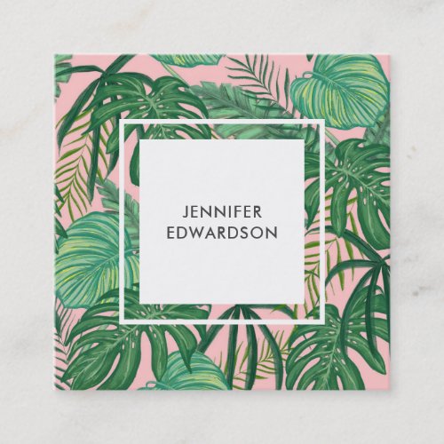 Modern green tropical watercolor leaves blush square business card