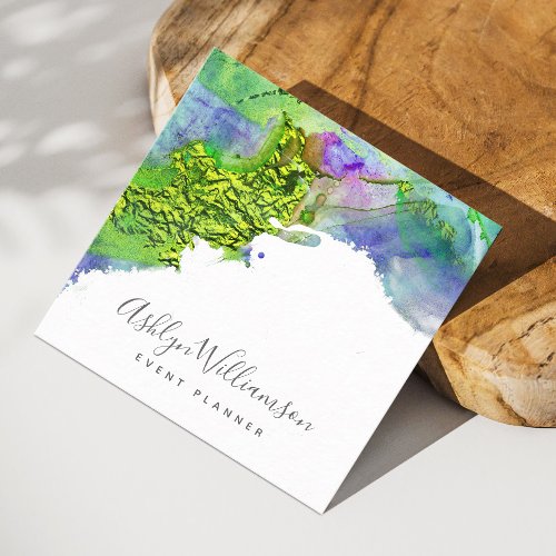 Modern green turquoise blue watercolor splatter square business card
