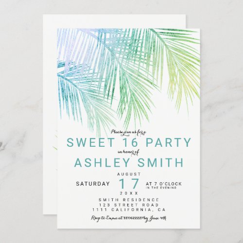 Modern green turquoise palm tree chic Sweet 16 Invitation