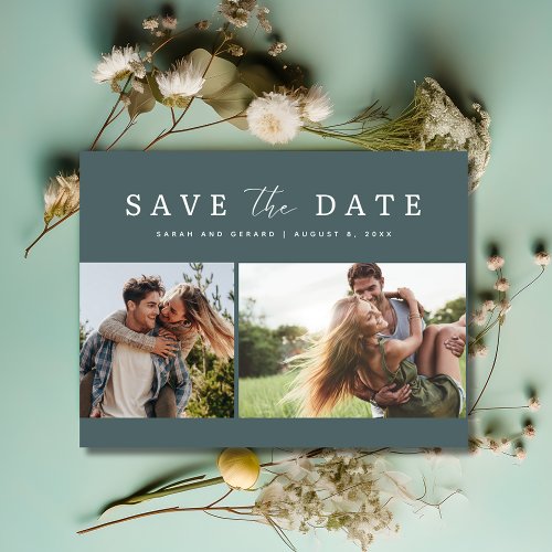 Modern Green Two Photo Wedding Save the Date Announcement Postcard