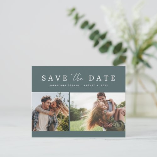 Modern Green Two Photo Wedding Save the Date Announcement Postcard