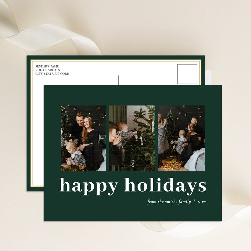 Modern Green Typography Happy Holidays 3 Photo Holiday Postcard