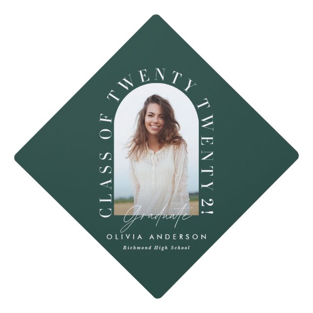 Modern green typography photo arch graduation cap topper (Front)