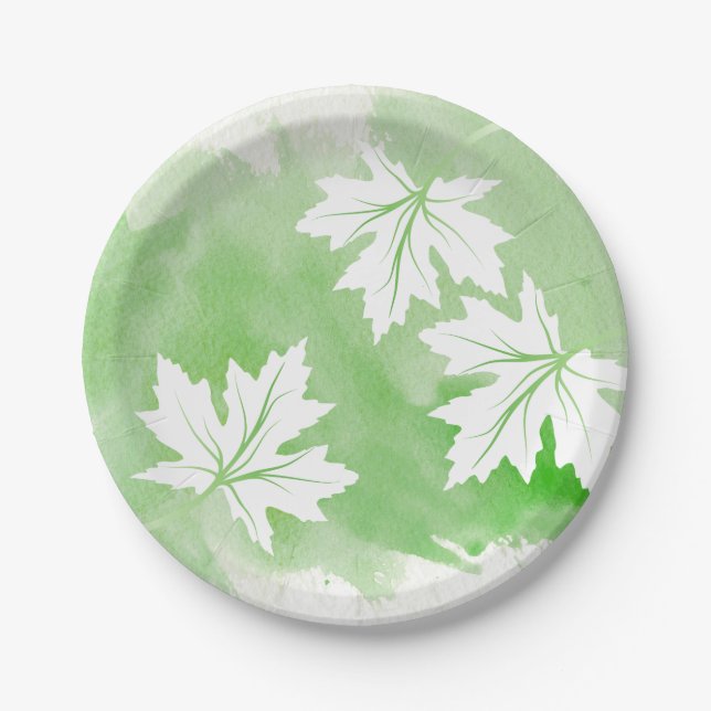 Modern green watercolor and maple leaves paper plates (Front)