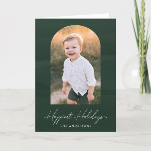 Modern Green Watercolor Arch Photo Holiday Card