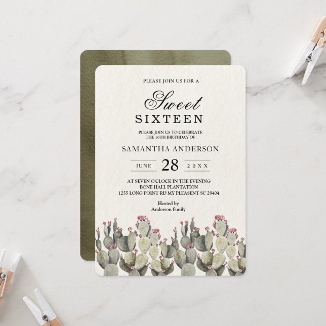 Modern Green Watercolor Cactus  Invitation (Front/Back In Situ)