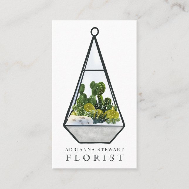 Modern green watercolor cactus terrarium florist business card (Front)