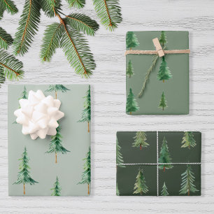 Modern Green Watercolor Christmas Pine Tree Wrapping Paper Sheets