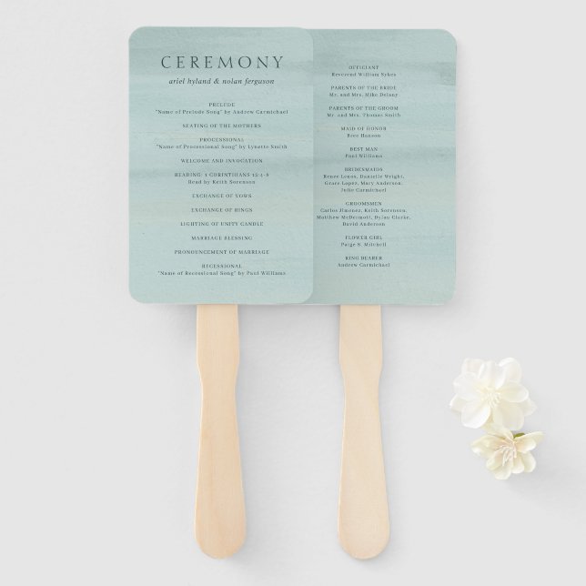 Modern Green Watercolor Elegant Wedding Program Hand Fan (Front and Back)