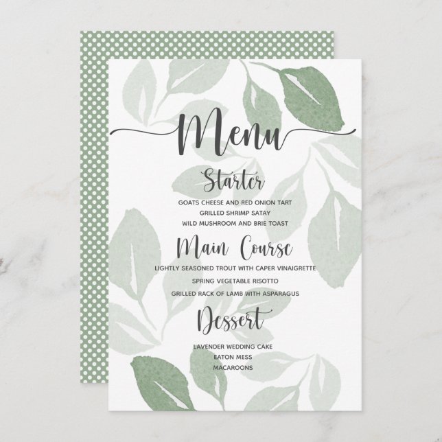Modern Green Watercolor Foliage Wedding Menu (Front/Back)
