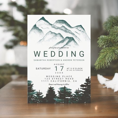 Modern green watercolor forest mountains wedding invitation