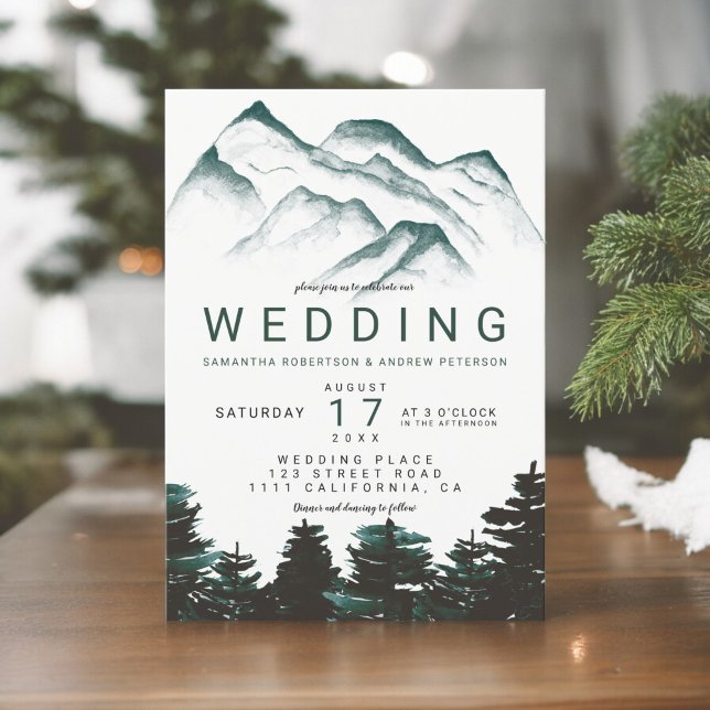 Modern green watercolor forest mountains wedding invitation (Modern green watercolor forest mountains wedding invitation)