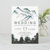 Modern green watercolor forest mountains wedding invitation (Standing Front)