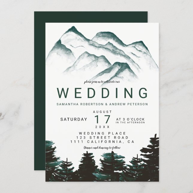 Modern green watercolor forest mountains wedding invitation (Front/Back)