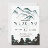 Modern green watercolor forest mountains wedding invitation (Front)