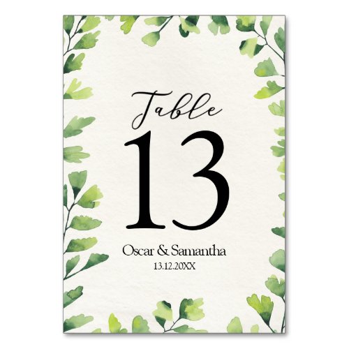 Modern Green Watercolor Leaf Frame Table Number