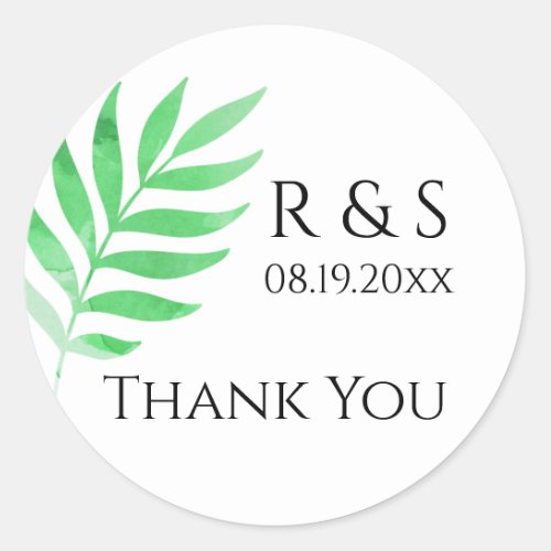 Modern Green Watercolor Leaf Thank You Classic Round Sticker