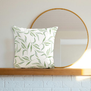 Modern Green Watercolor Leaves Botanical Pattern Throw Pillow