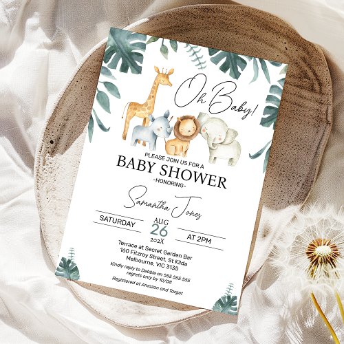 Modern Green Watercolor Safari Baby Shower  Invitation