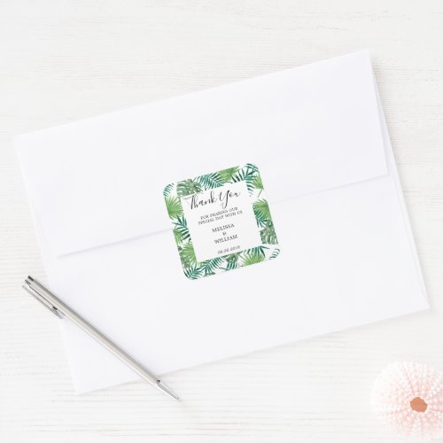 Modern green watercolor tropical leaves wedding square sticker