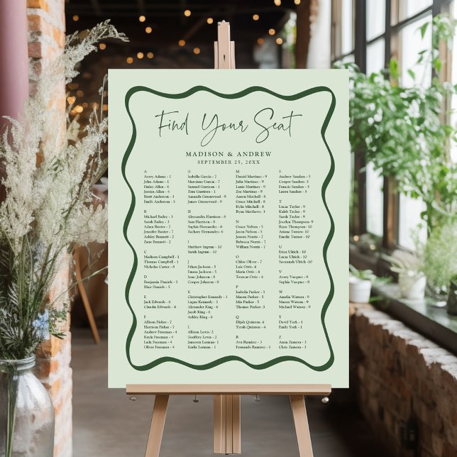Modern Green Wavy Frame Alphabetical Seating Chart Foam Board (Creator Uploaded)