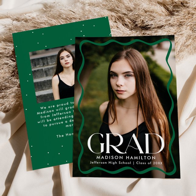 Modern Green Wavy Frame Grad 2 Photo Graduation Announcement (Creator Uploaded)