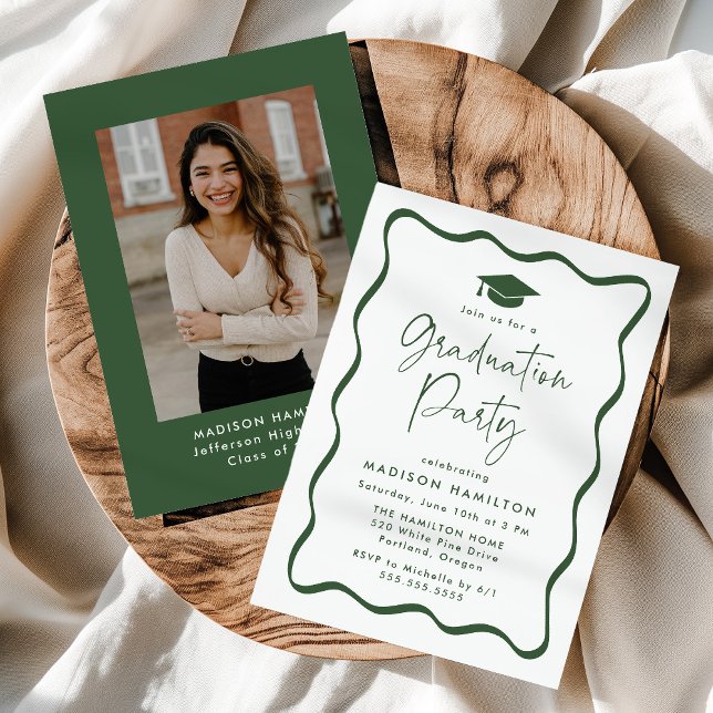 Modern Green Wavy Frame Photo Graduation Party Invitation (Creator Uploaded)