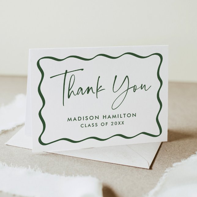 Modern Green Wavy Frame Photo Graduation Thank You Card (Creator Uploaded)
