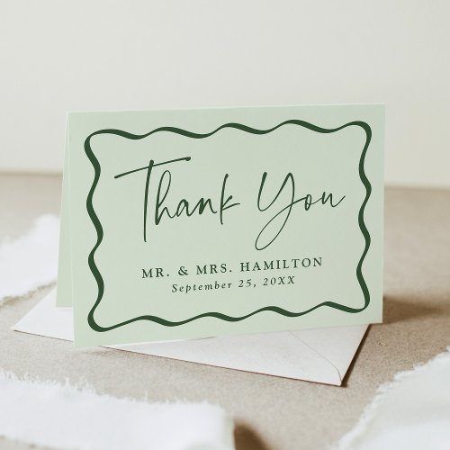 Modern Green Wavy Frame Photo Wedding Thank You Card