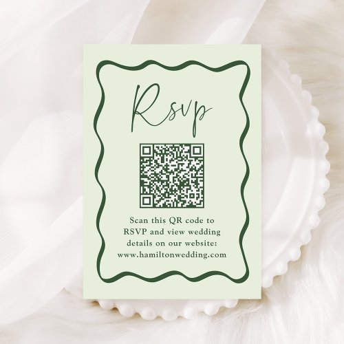 Modern Green Wavy Frame QR Code Wedding RSVP Enclosure Card