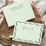 Modern Green Wavy Frame Wedding Envelope<br><div class="desc">Add a stylish touch to your wedding suite with these Modern Green Wavy Frame personalized wedding envelopes. The front of the light green envelope features a green wavy frame border with "Deliver To" displayed in a handwritten green script. The retro wedding envelope reverses to display your names and return address...</div>