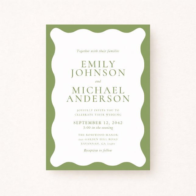 Modern Green Wavy Frame Wedding Invitation (Creator Uploaded)