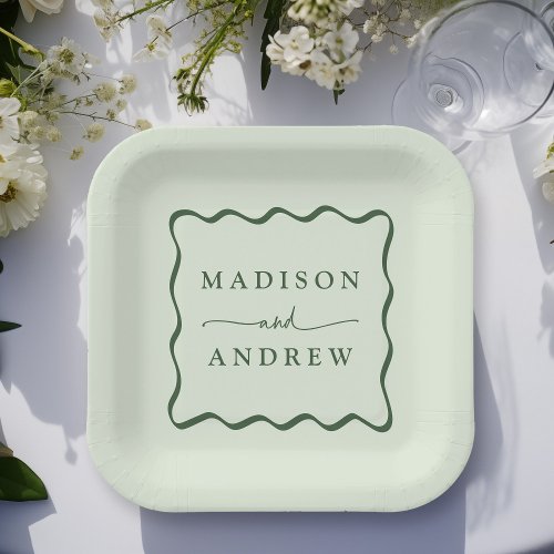 Modern Green Wavy Frame Wedding Paper Plates