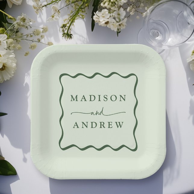Modern Green Wavy Frame Wedding Paper Plates (Creator Uploaded)