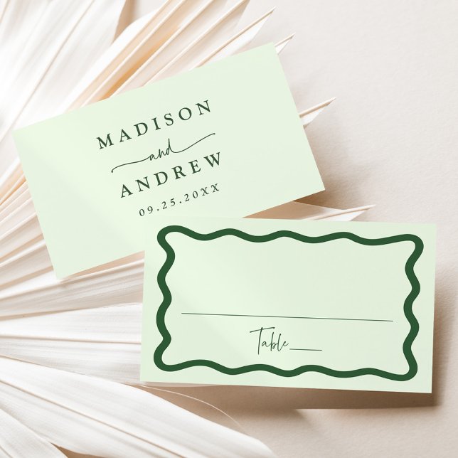 Modern Green Wavy Frame Wedding Place Card (Creator Uploaded)