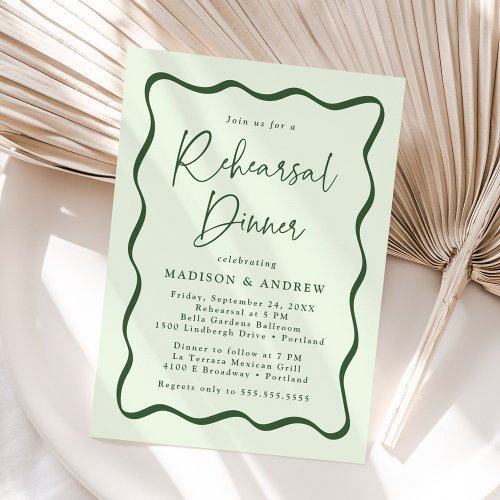 Modern Green Wavy Frame Wedding Rehearsal Dinner Invitation