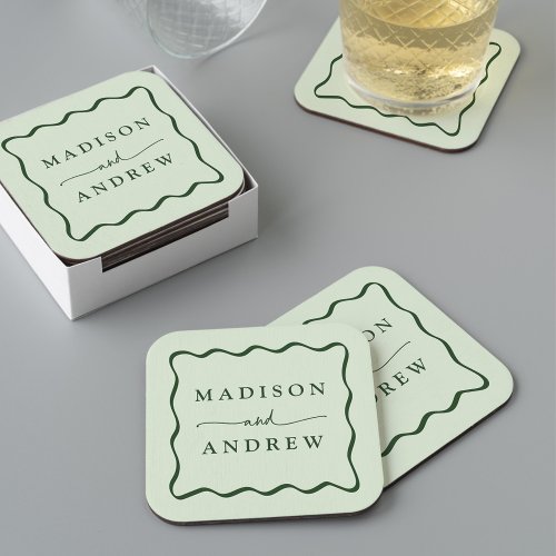 Modern Green Wavy Frame Wedding Square Paper Coaster