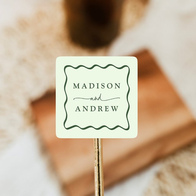 Modern Green Wavy Frame Wedding Square Sticker (Creator Uploaded)
