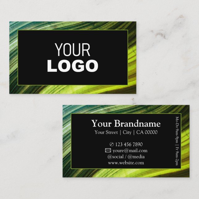Modern Green Wavy Wooden Wood Style Frame add Logo Business Card (Front/Back)