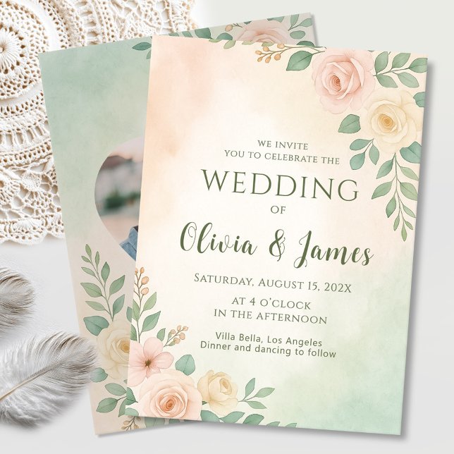 Modern Green Wedding Design with Photo and Heart Invitation (Creator Uploaded)