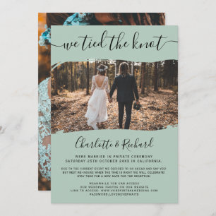 Modern green wedding elopement tied the knot photo announcement