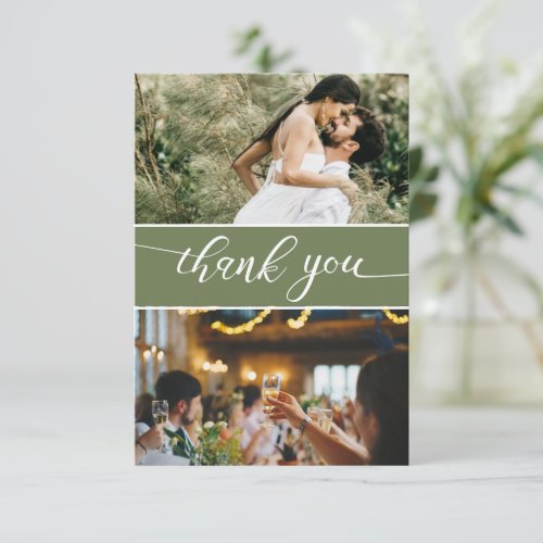 Modern Green Wedding Motif Custom photo Thank You Card