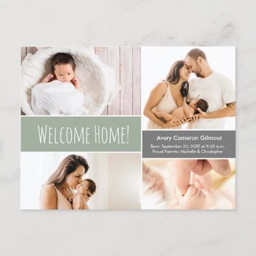 Modern Green Welcome Home Baby boy Photo Collage  Announcement Postcard