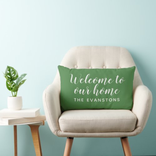 Modern Green Welcome Home Custom Last Name Lumbar Pillow