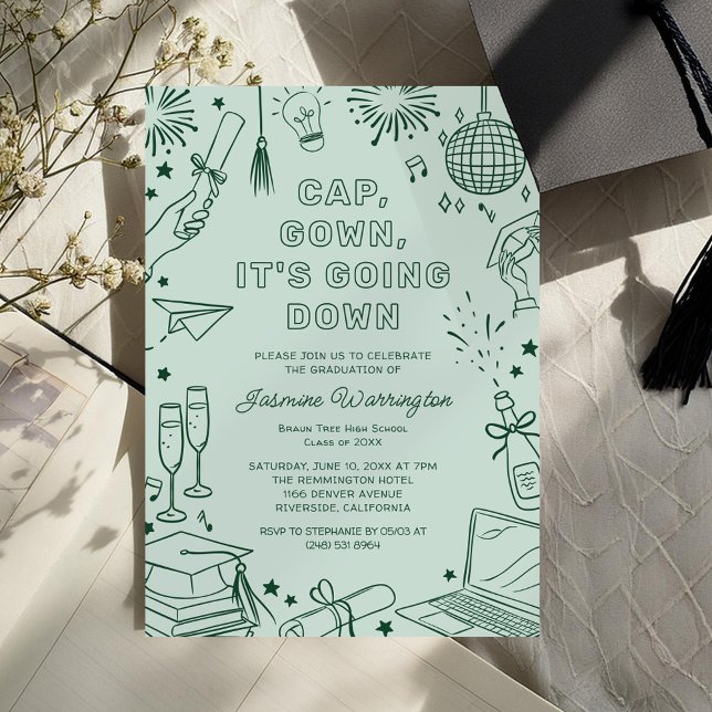 Modern Green Whimsical Doodle Graduation Invitation (Creator Uploaded)